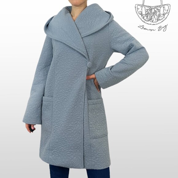 One of a Kind Exclusive/ Winter Fall Hooded Wrap Coat / Color Blue/ Size S - Picture 3 of 12